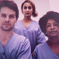 Três profissionais de saúde vestidos com roupas azuis. Na frente à esquerta, um homem com barba curta, à direita uma mulher de cabelos crespos, e ao fundo ao centro uma outra mulher de cabelo preso pro lado.
